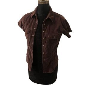 VNT Corduroy snap button short sleeve chocolate brown western boho shirt sleeve